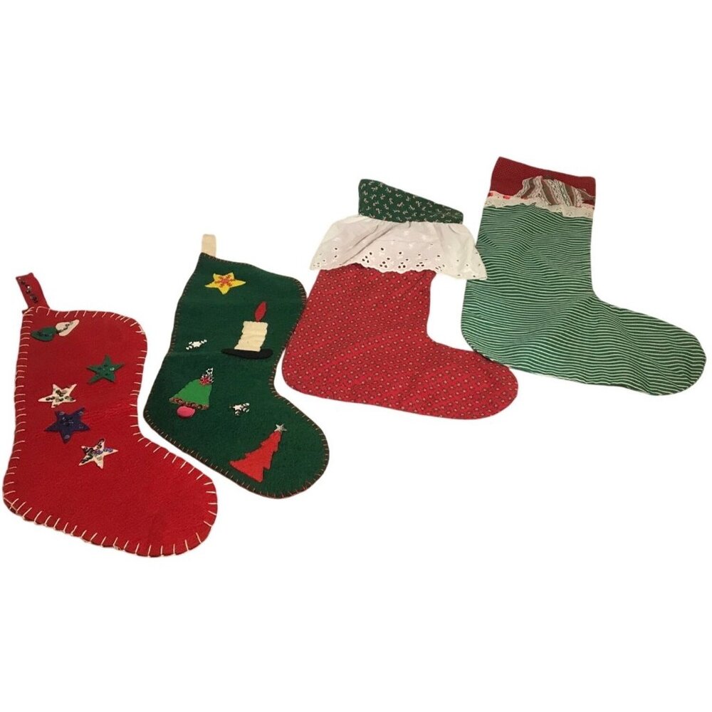 Set Of 4 Handmade Felt & Fabric Christmas Stockings With Decorative Appliqués